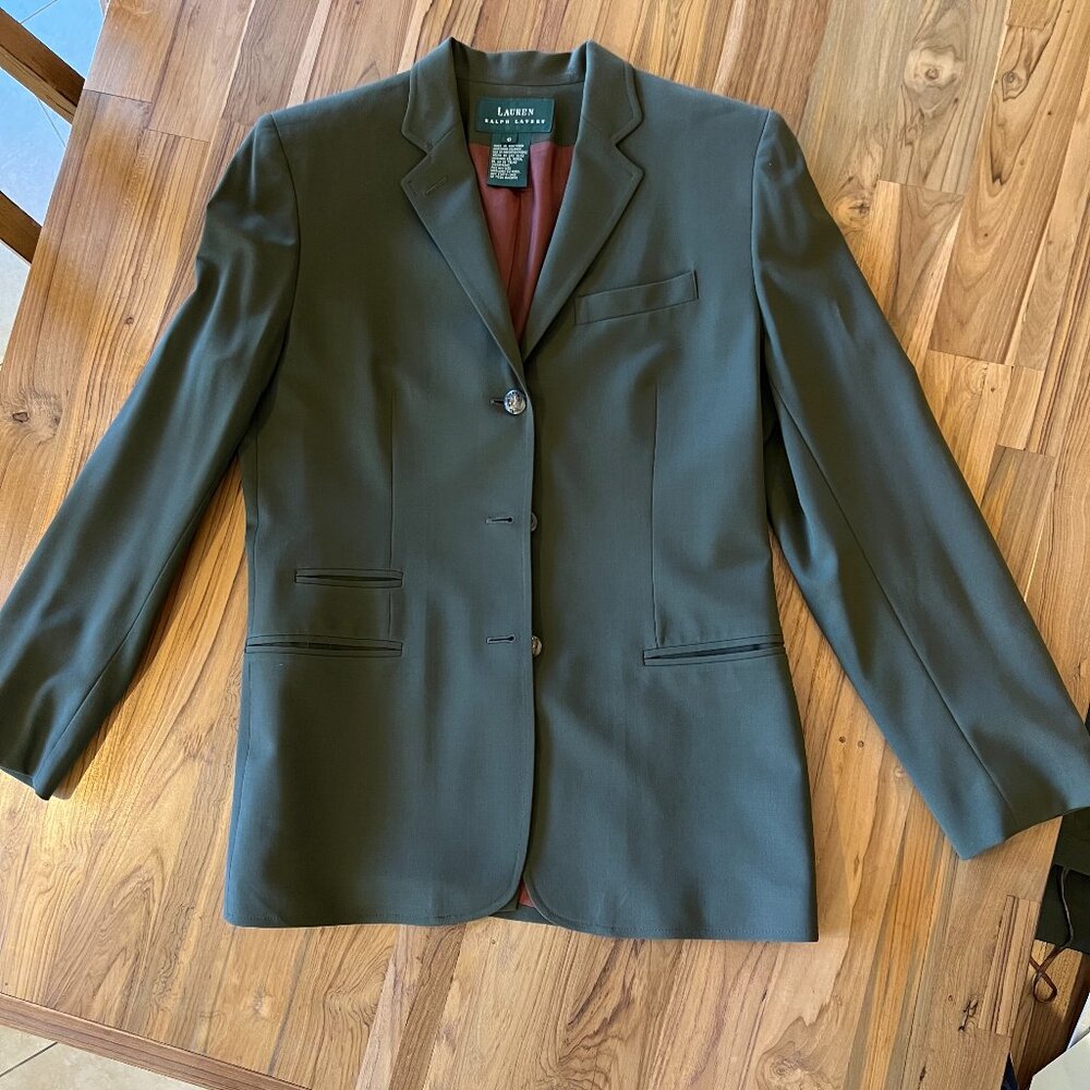 Ladies Ralph Lauren Suit, Dark Olive Green, Size 6 Jacket.